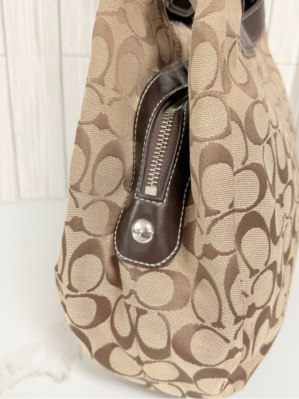 Coach Brown Signature Shoulder Bag with Dark Brown Leather Trim - Picture 8 of 16